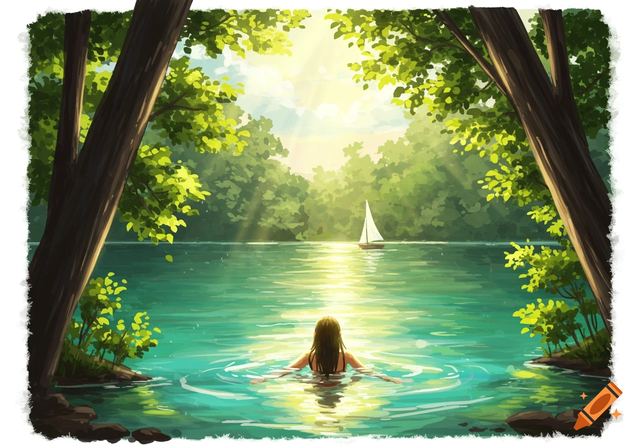A woman swims in a sunlit lake framed by trees, with a sailboat in the distance. Illustrated style.