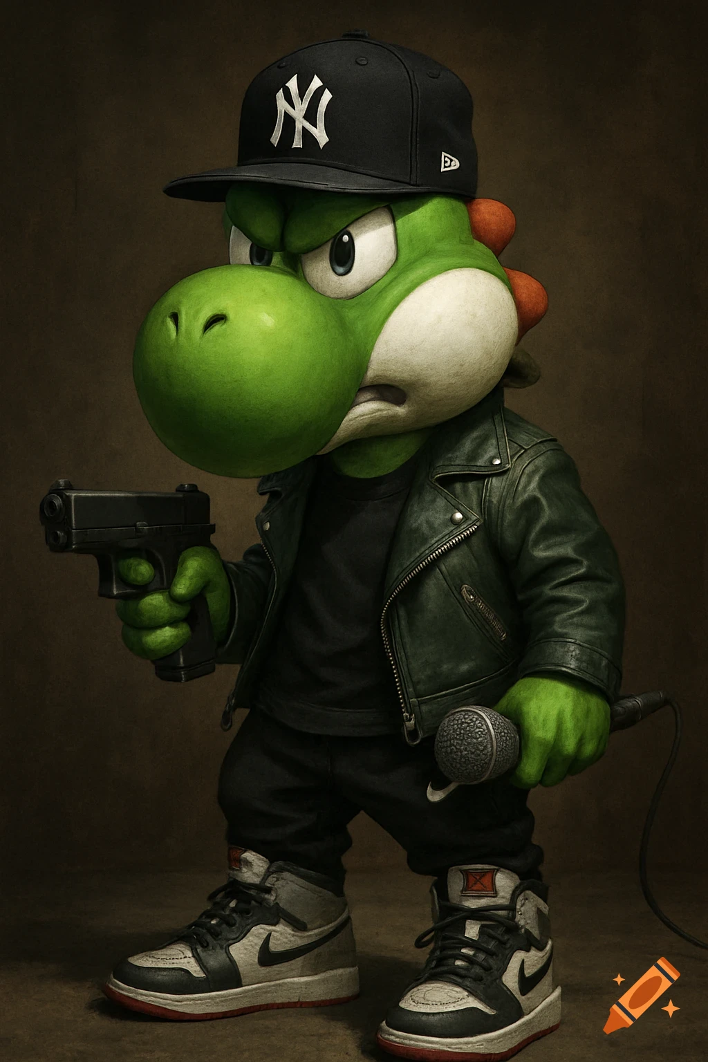 Yoshi in a Yankees hat, leather jacket, and sneakers holds a gun and a microphone in a stylized depiction.