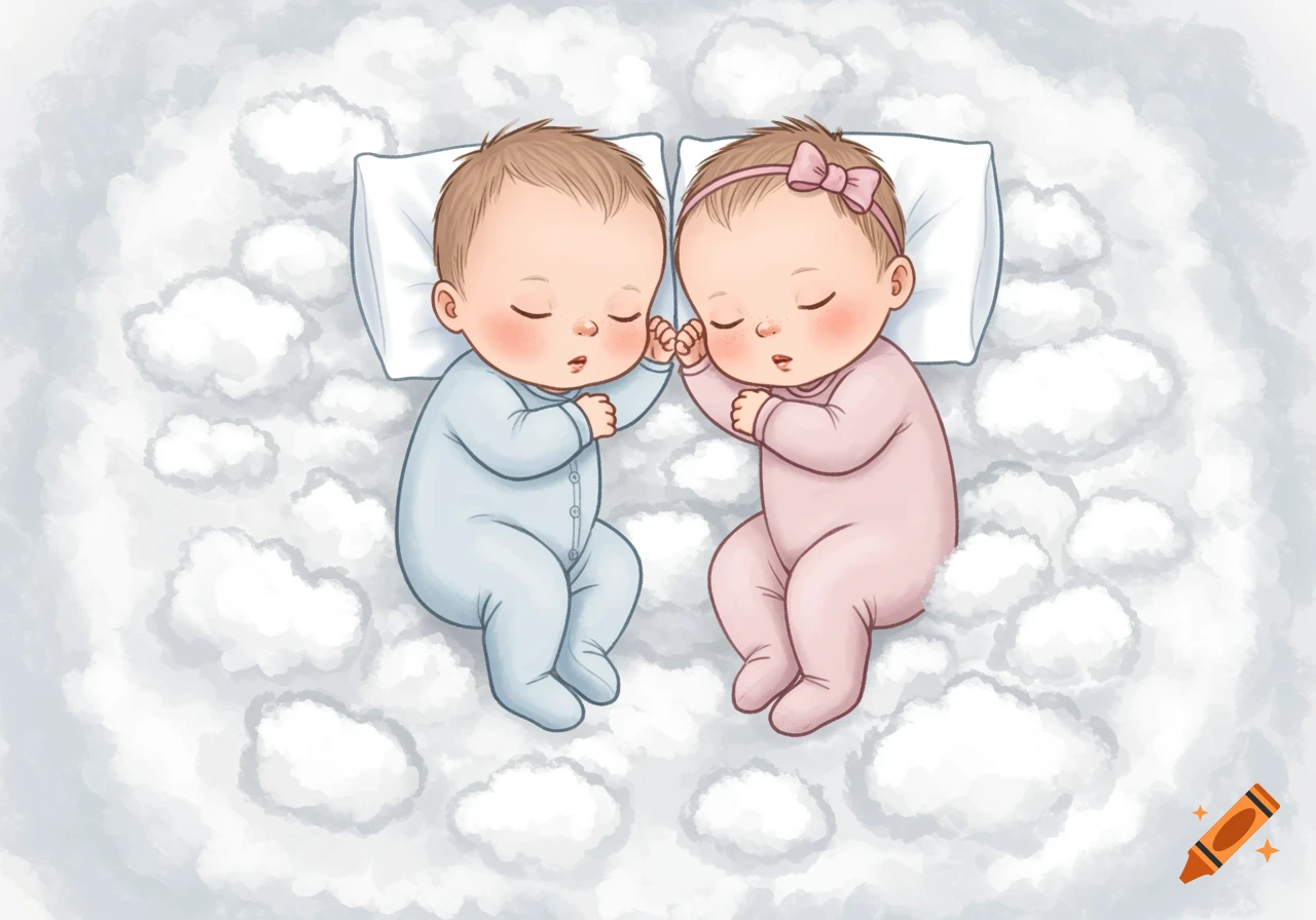 Two cartoon babies, one in blue and one in pink, sleeping side-by-side on clouds.