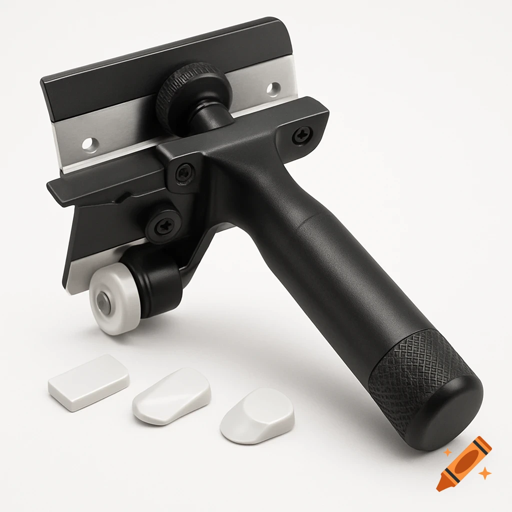 Handheld sealant smoothing tool with adjustable blades and interchangeable tips on a white background.