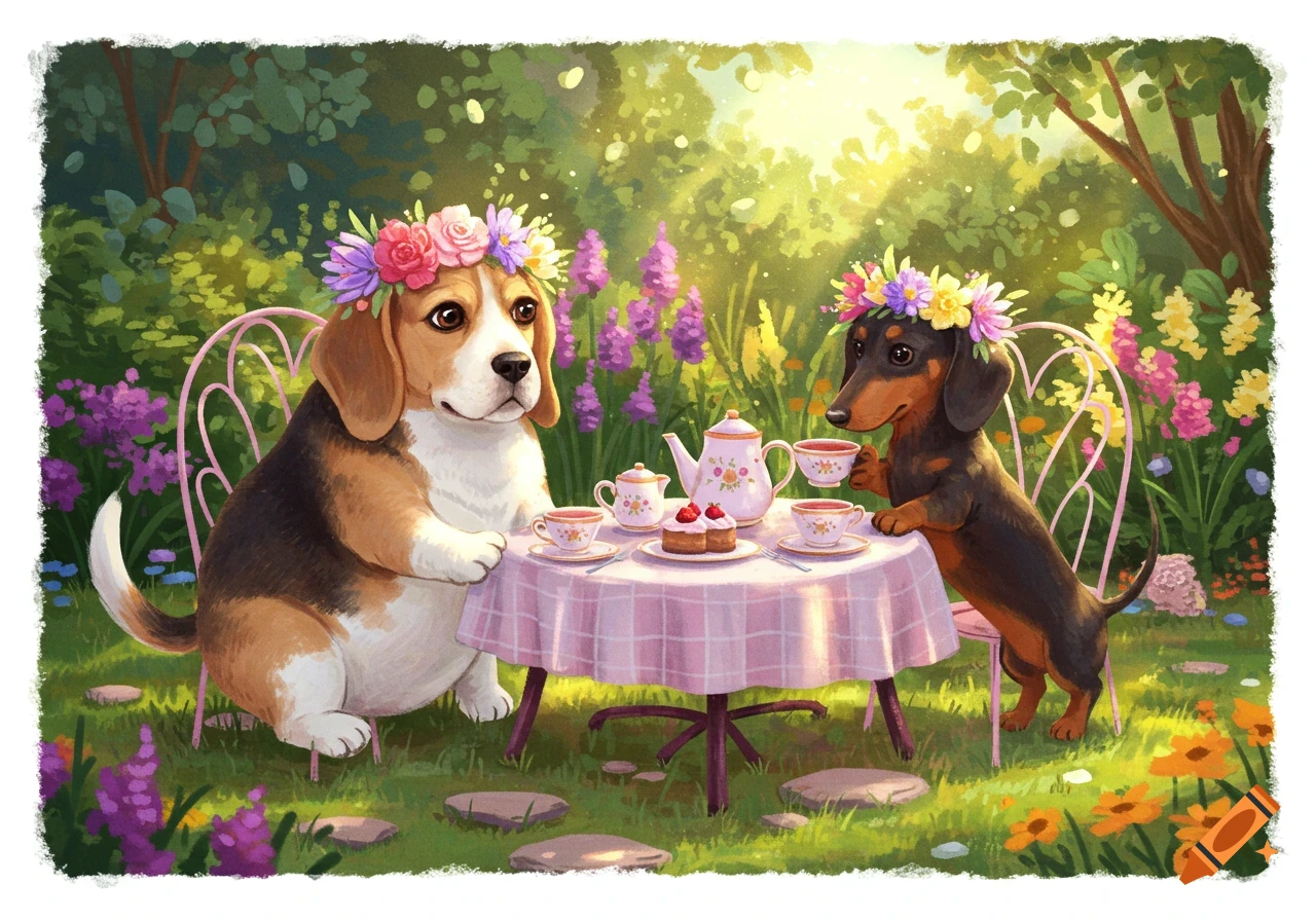 A beagle and a dachshund wearing flower crowns have a tea party in a garden.