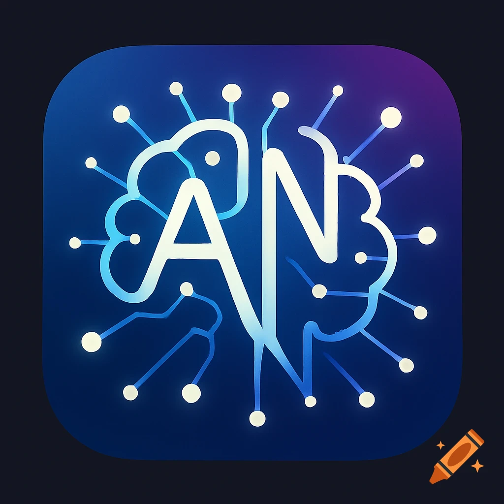 Abstract app icon of a stylized brain or neural network with integrated letters A and N.