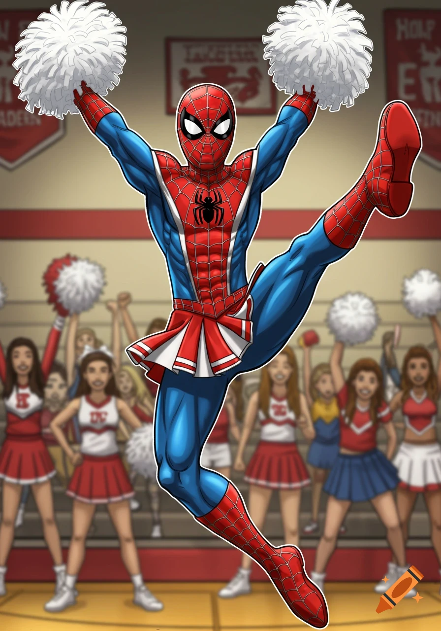 Cartoon illustration of Spider-Man in a cheerleading outfit doing a high kick on a gym court with other cheerleaders.