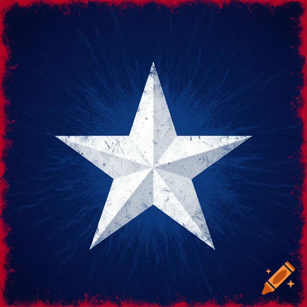 Grunge-style white star on a dark blue background with a red border.