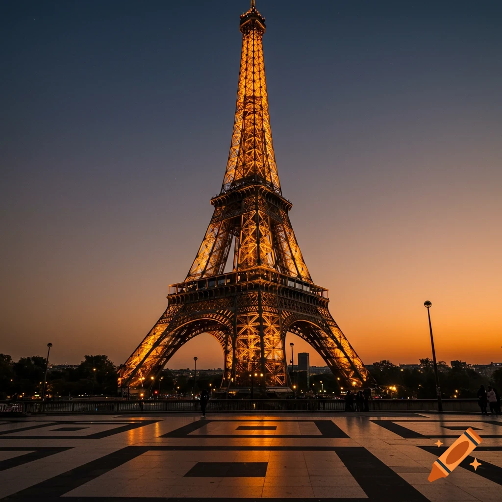 Eiffel Tower lit up at sunset, viewed from the ground