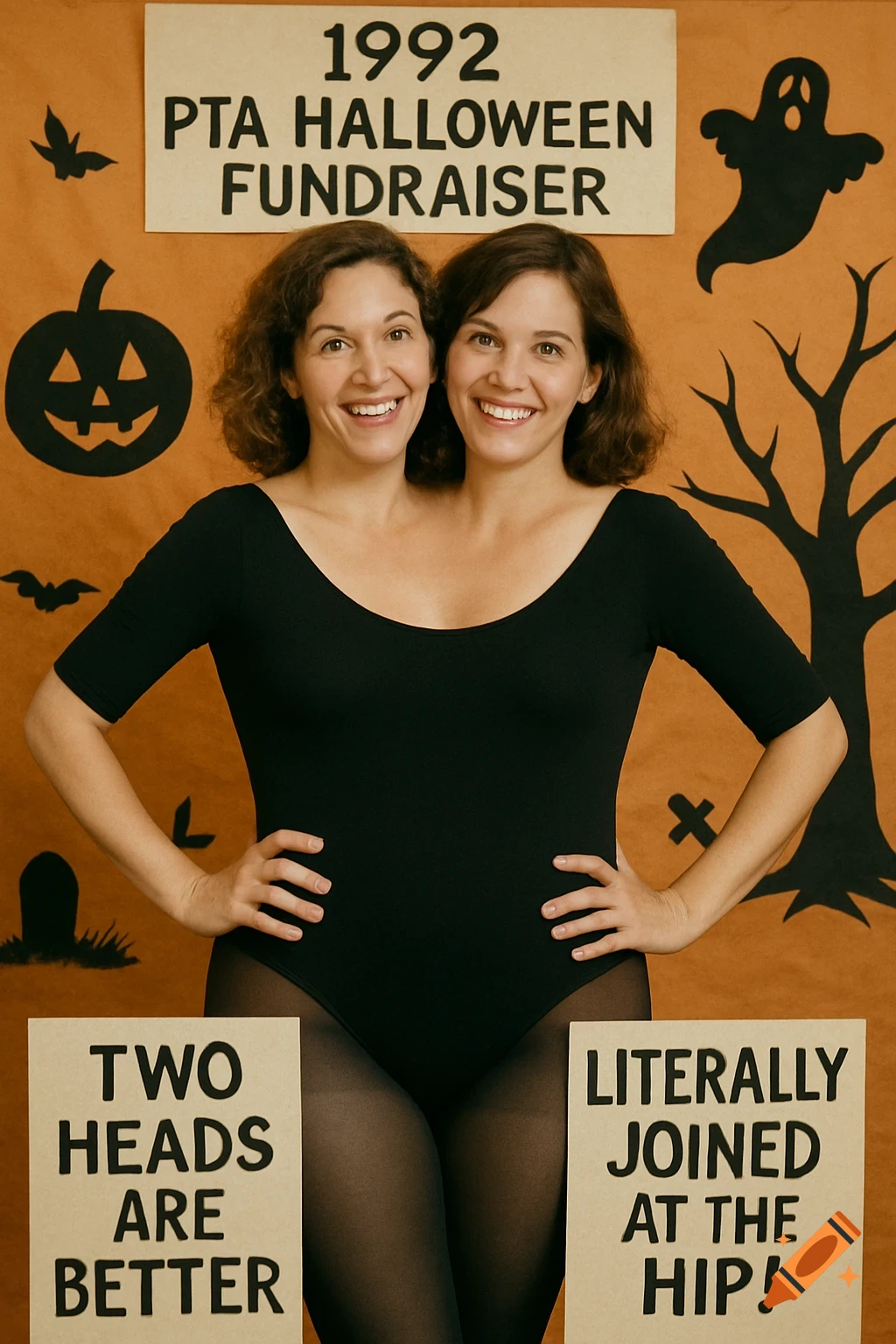 Two women in a shared costume posing for a photo at a 1992 PTA Halloween fundraiser with signs.