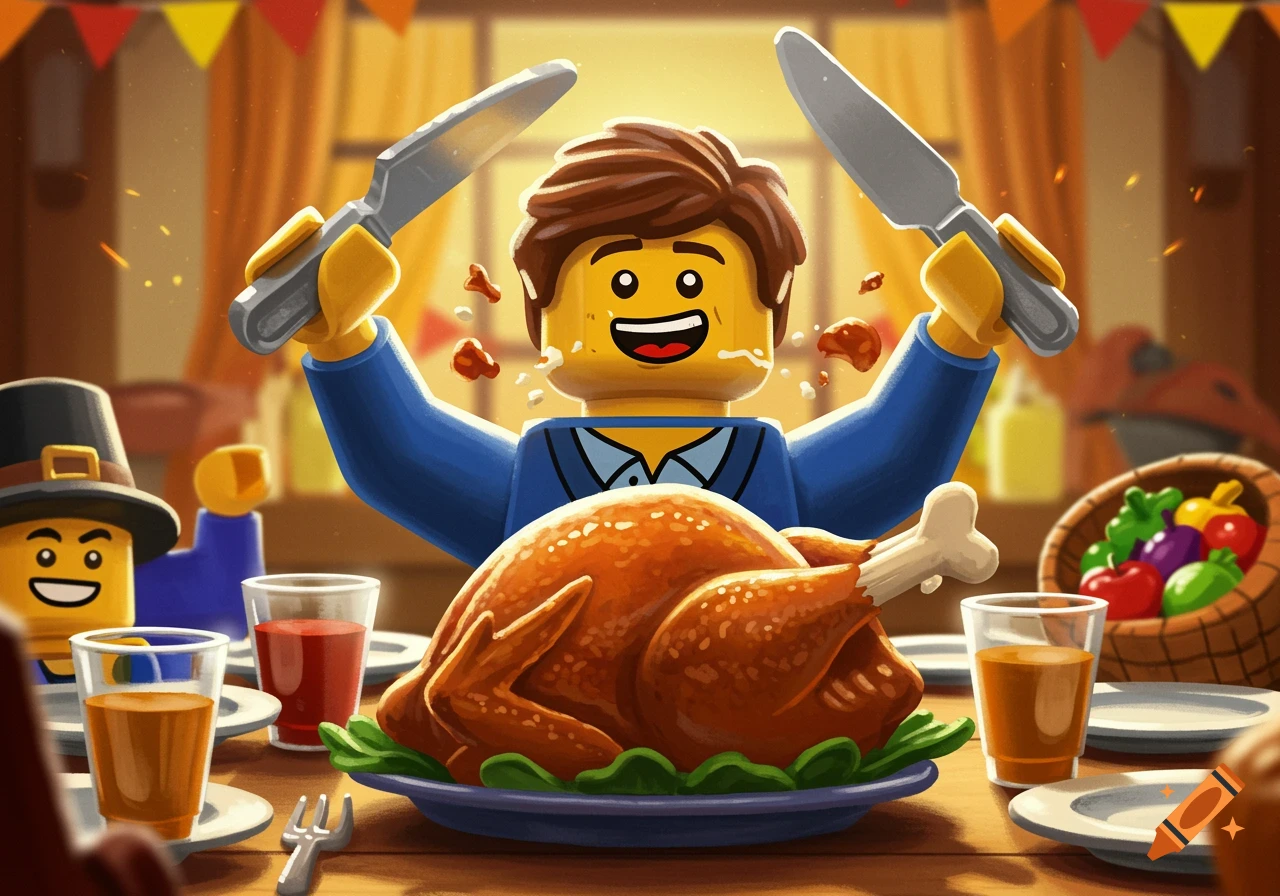 A Lego character holds carving knives over a roasted turkey at a Thanksgiving table with other Lego figures.