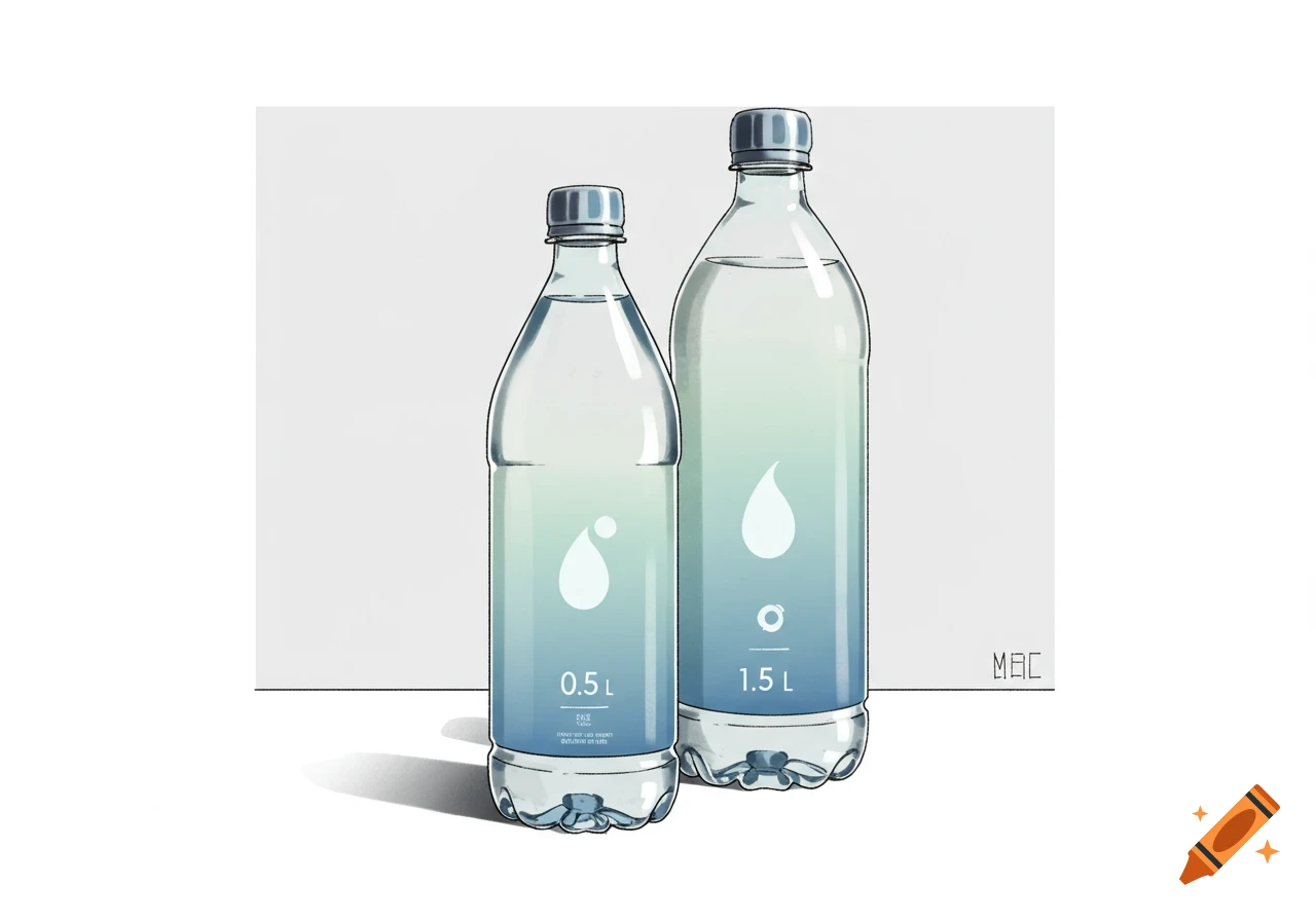 Minimalist illustration of a small and large mineral water bottle