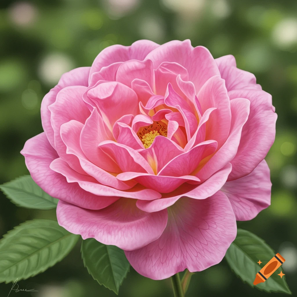 A close-up of a pink rose with green leaves and a blurry green background.