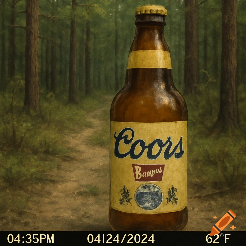 A Coors Banquet beer bottle sits on a trail in a forest, rendered in a painting style.