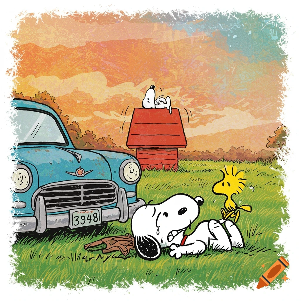 Snoopy cries on the grass next to a blue car, Woodstock looks on, and Snoopy rests on his doghouse in the background. Comic style art.