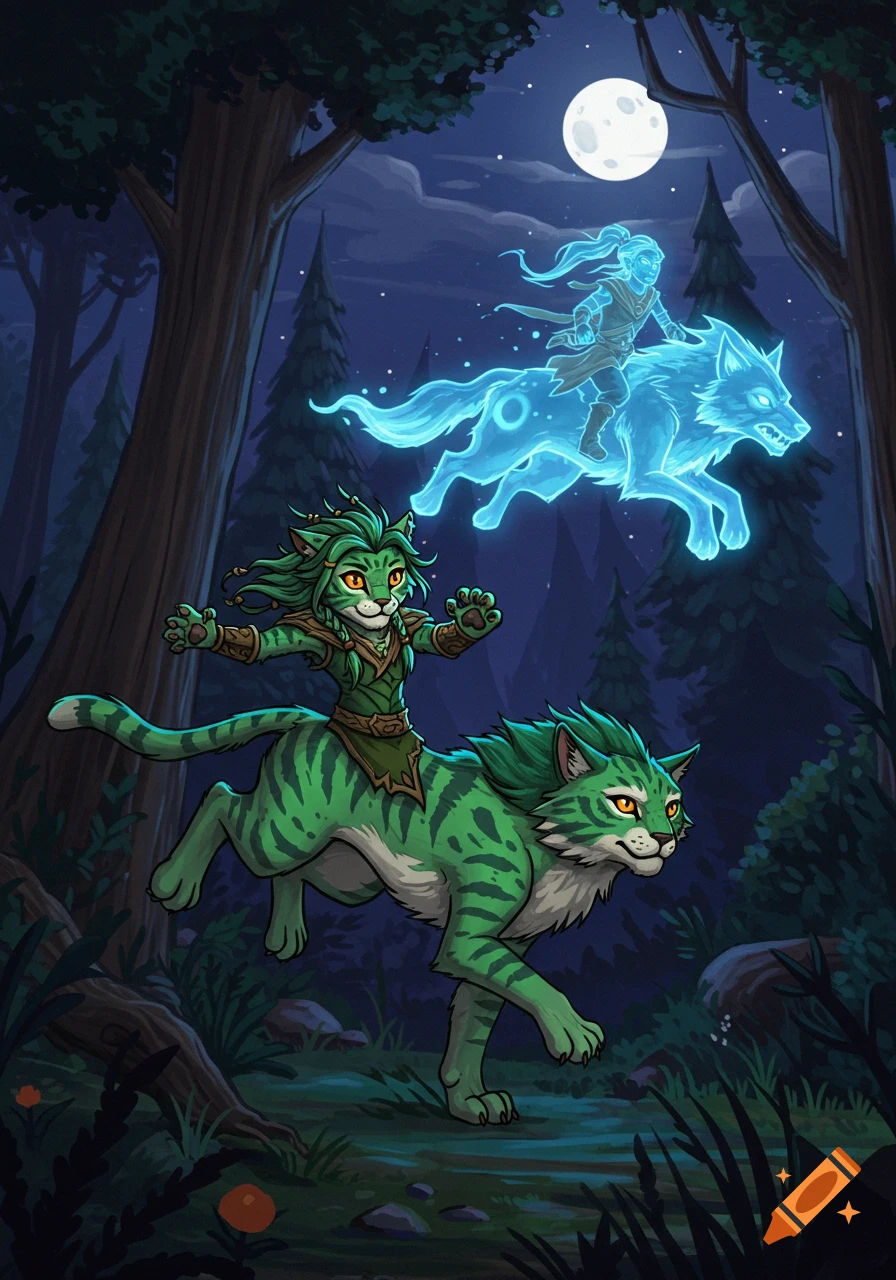 Cartoon illustration of a green cat riding a striped cat creature, with a glowing figure on a spectral wolf flying above in a forest at night.