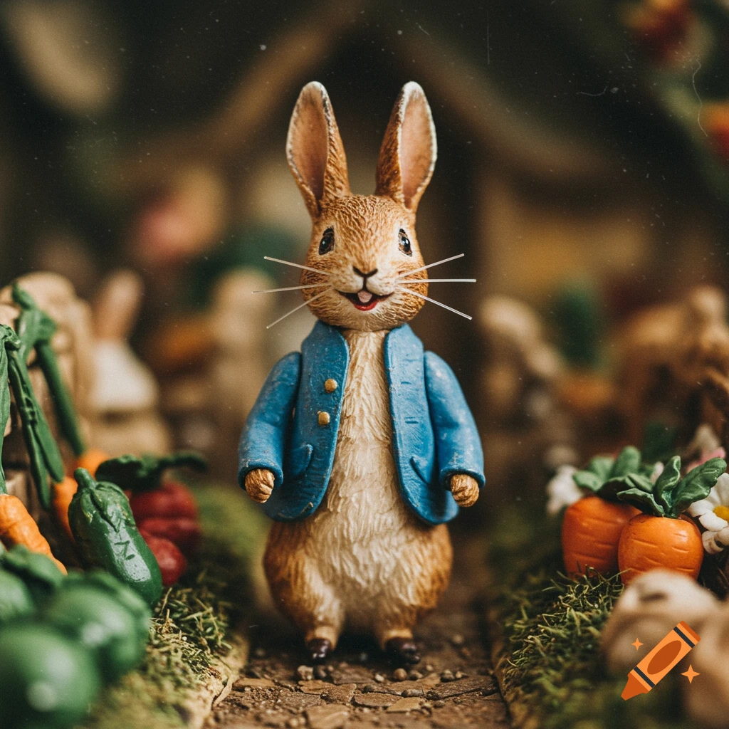 A miniature figurine of Peter Rabbit stands in a garden.