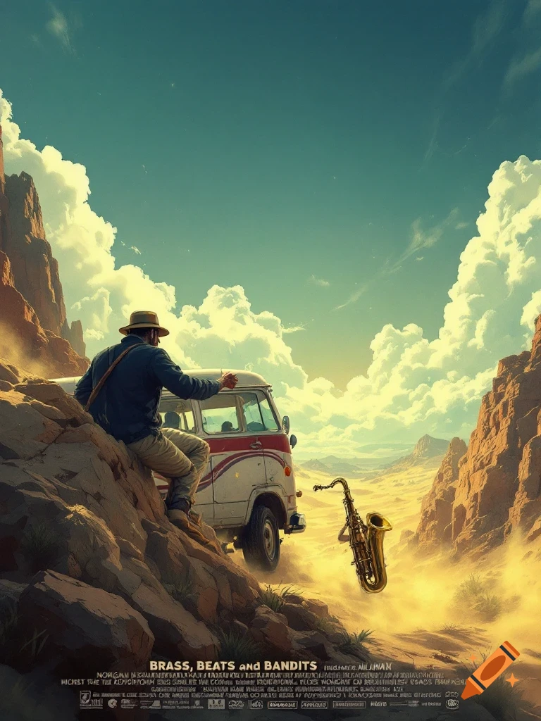 Man on rock overlooking desert valley with van and saxophone in movie poster style.