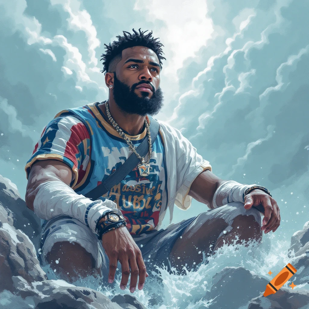 A man with a beard sits on rocks in splashing water under a cloudy sky, wearing a graphic shirt and jewelry. Digital art style.