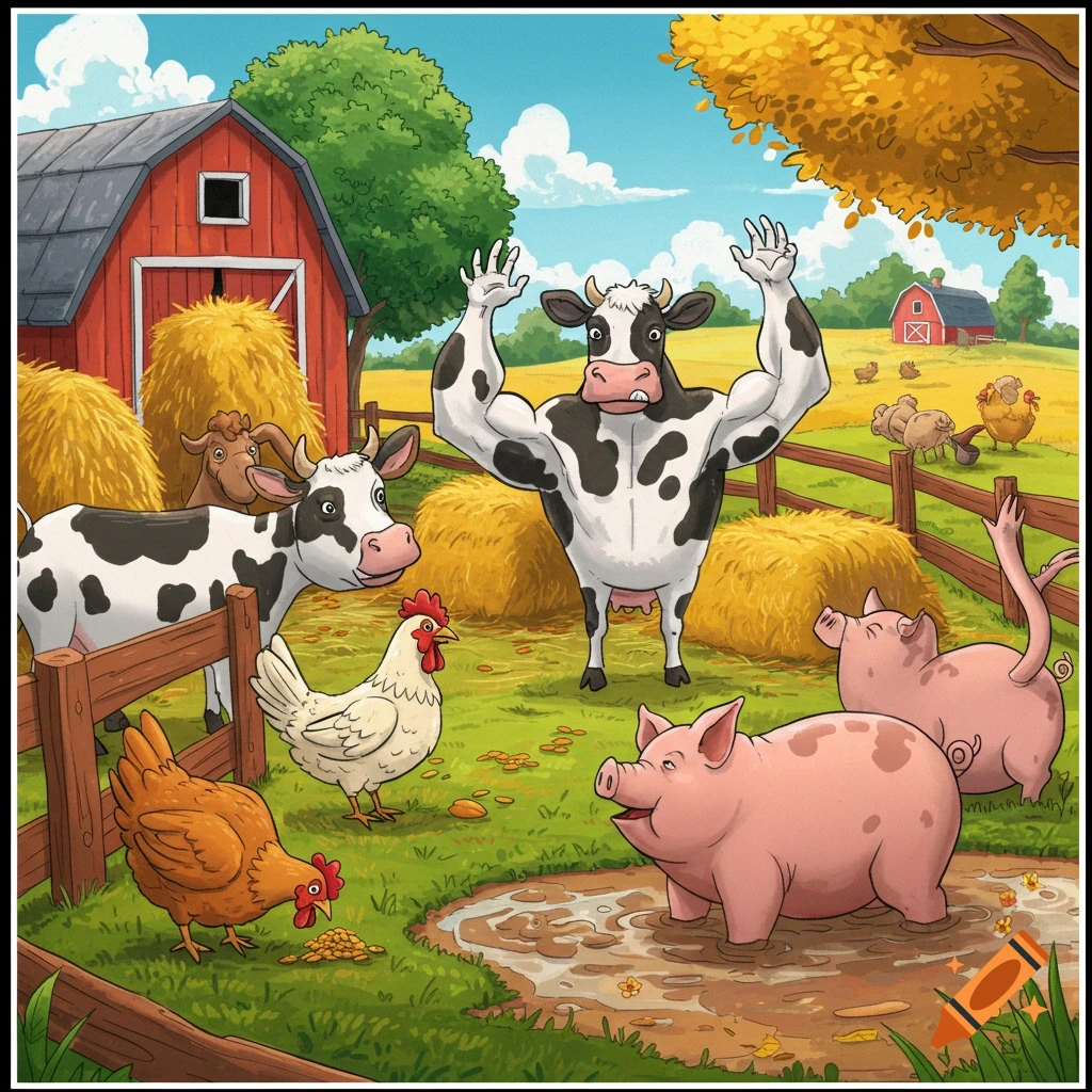 Cartoon illustration of a muscular cow flexing on a farm among other animals.
