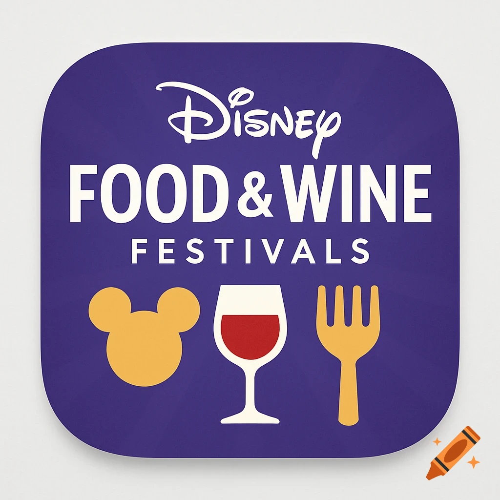App icon for Disney Food & Wine Festivals with Mickey head, wine glass, and fork on purple