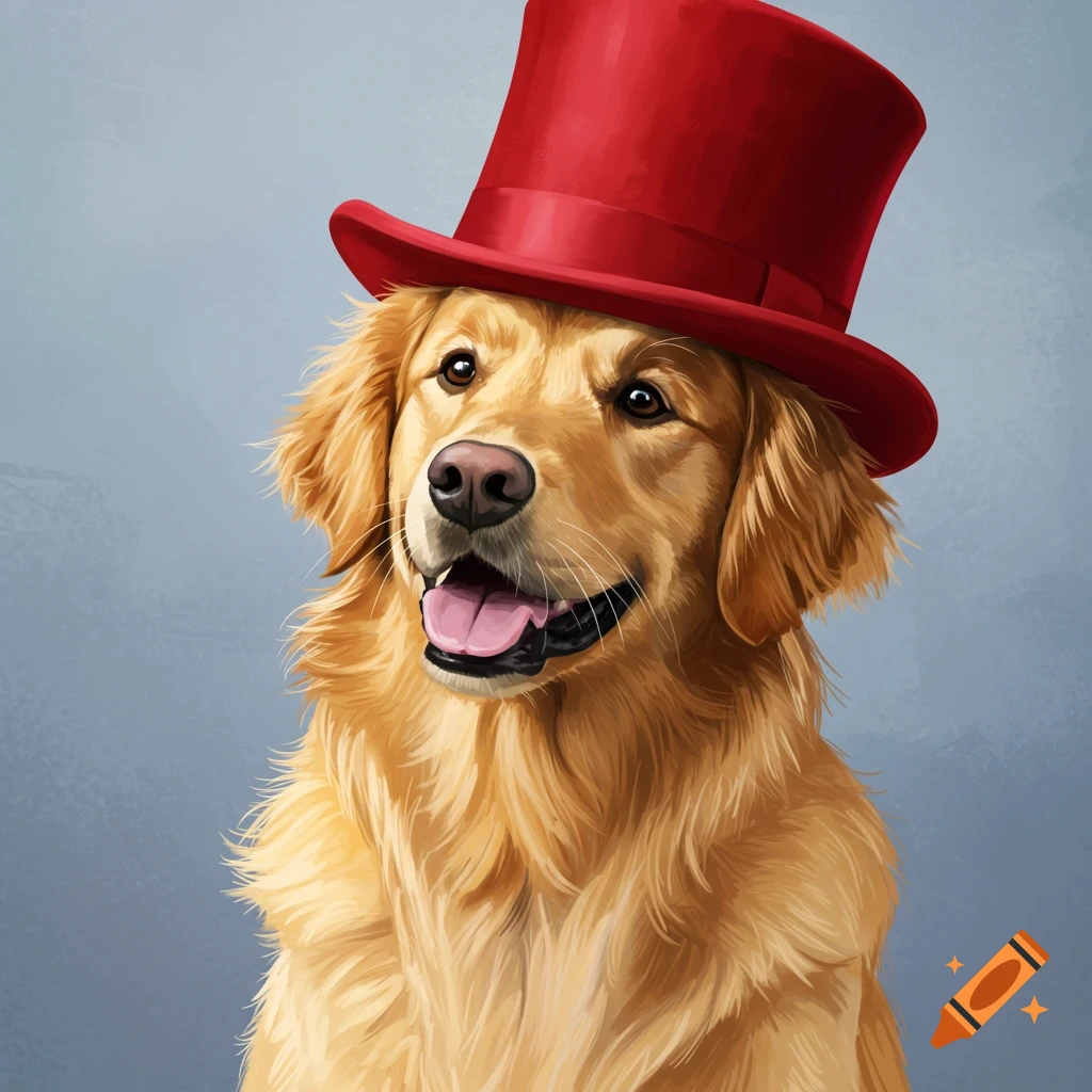 A Golden Retriever dog wears a red top hat against a grey background.