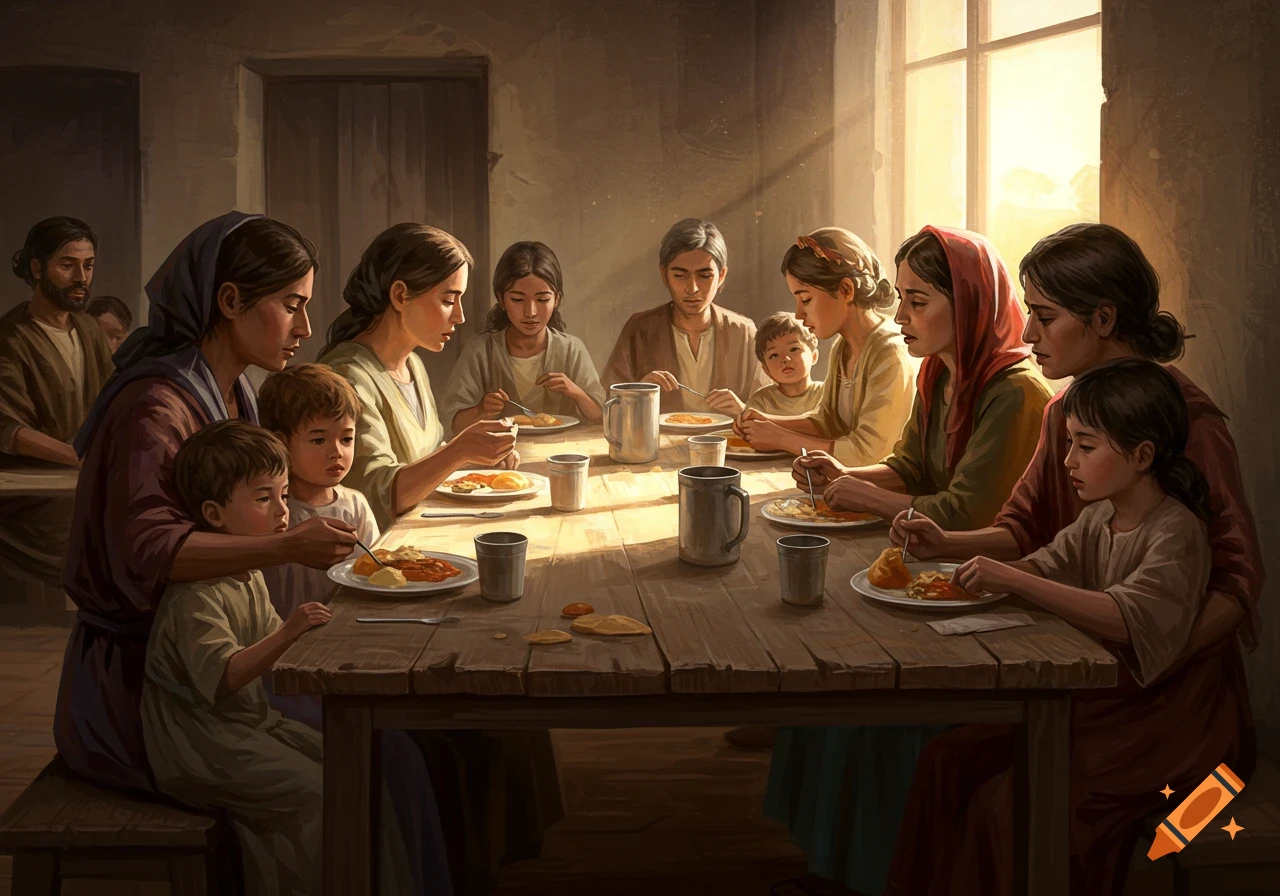 A group of people, including adults and children, sit around a table eating a meal, depicted in a painterly style.