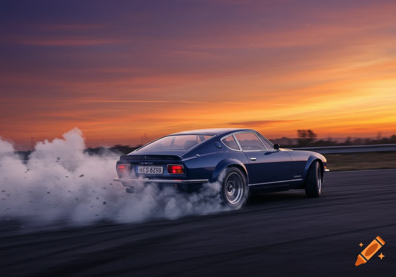 Blue vintage sports car drifting with smoke at sunset