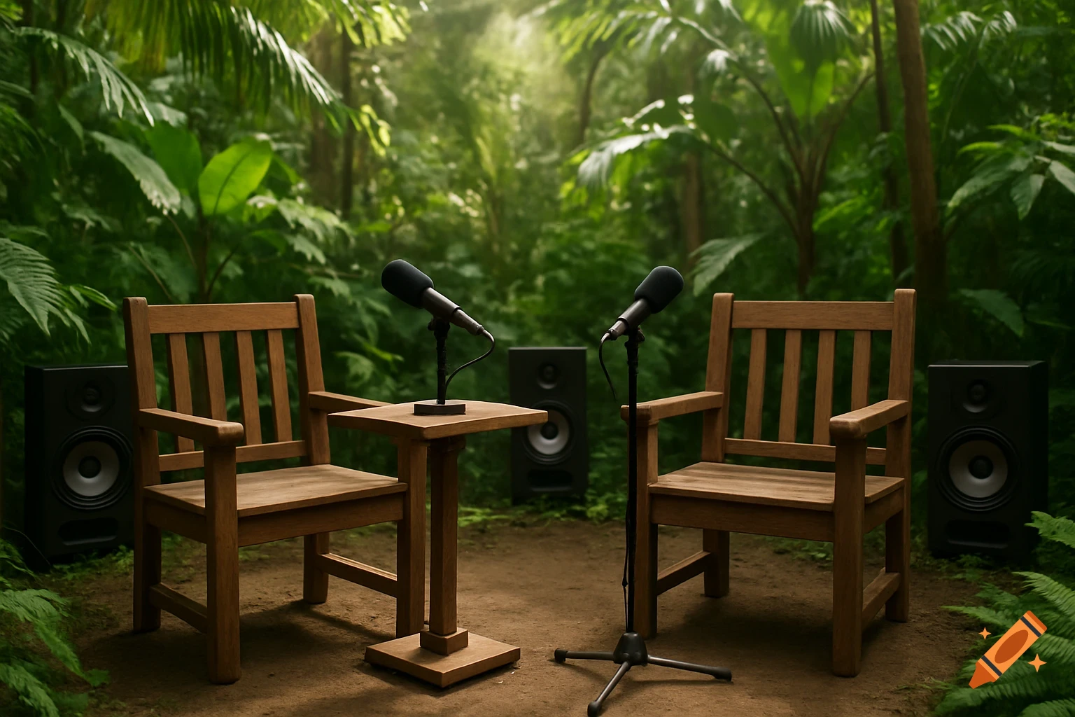 Podcast setup with two wooden chairs, microphones, and speakers in a lush jungle clearing with sunlight filtering through trees.