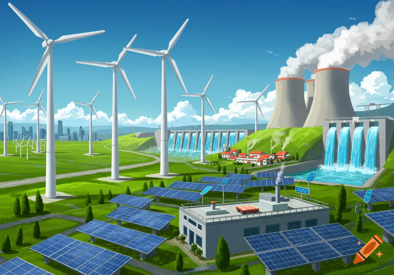Illustration of a landscape with wind turbines, solar panels, a hydroelectric dam, and cooling towers, with a city in the distance.