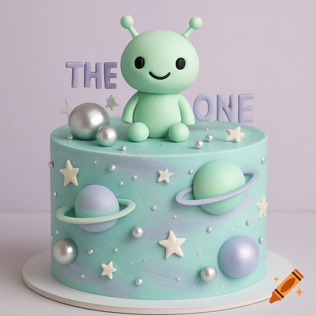 Pastel space-themed cake with a cute green alien, planets, stars, and 'THE ONE' text.