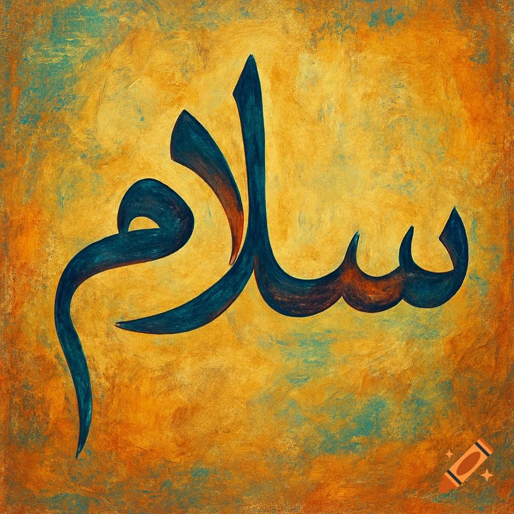 Arabic calligraphy for 'Salam' in dark blue on a textured yellow and blue background, painterly style