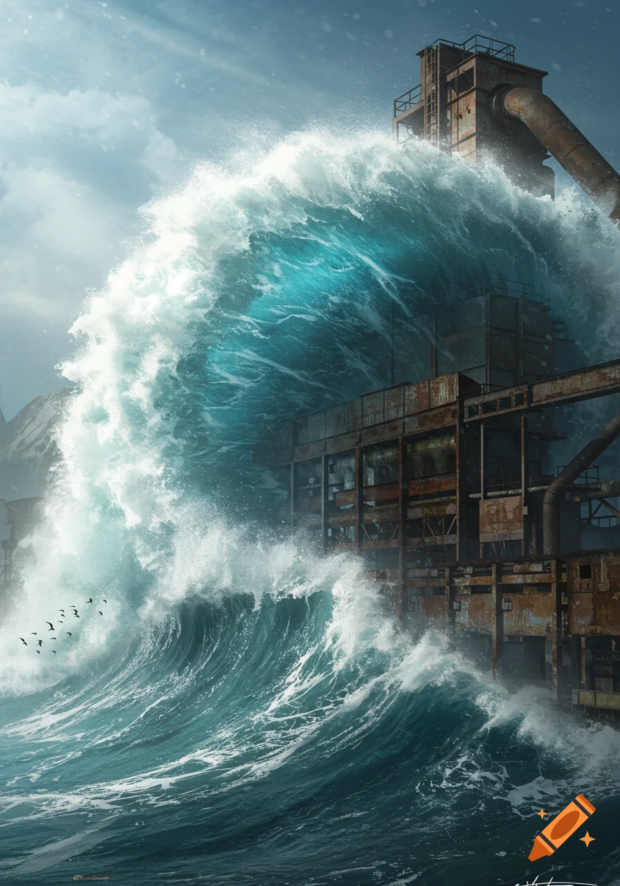 A massive, blue-green wave crashes violently over a decaying industrial factory.