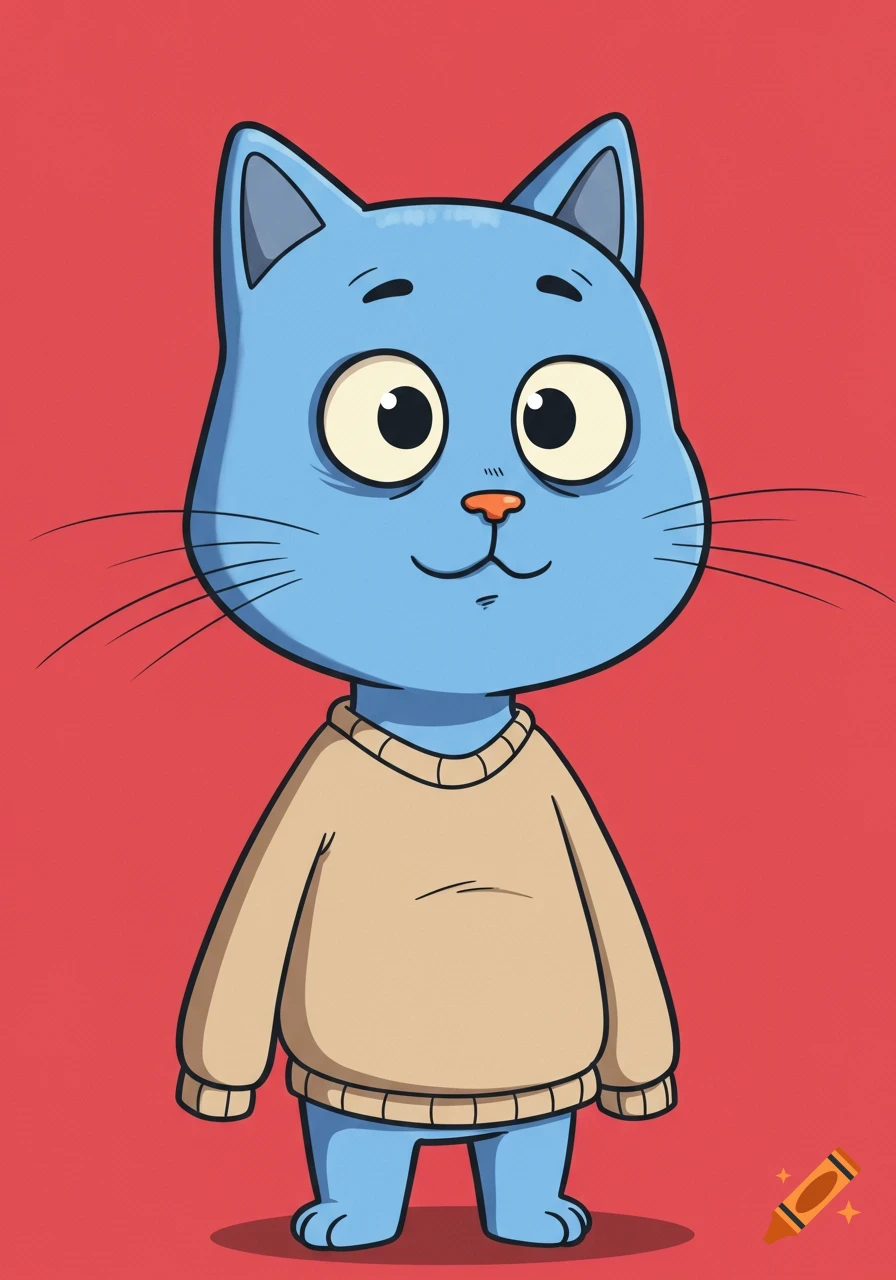Cartoon blue cat in a sweater on a red background.