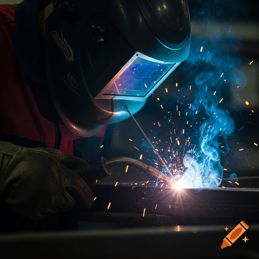 Closeup of a person welding metal with sparks and smoke, wearing a helmet and gloves.