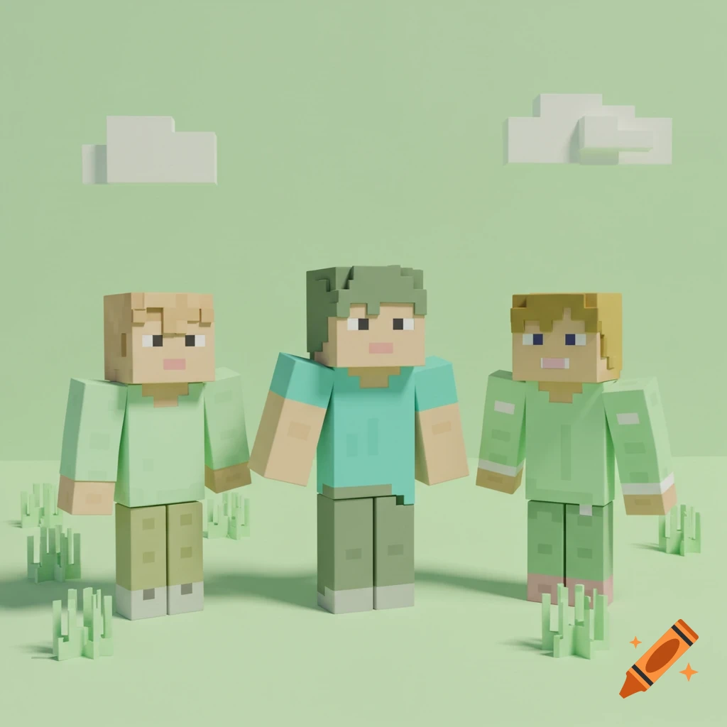 Three blocky characters in a Minecraft style standing in a green field under blocky clouds.