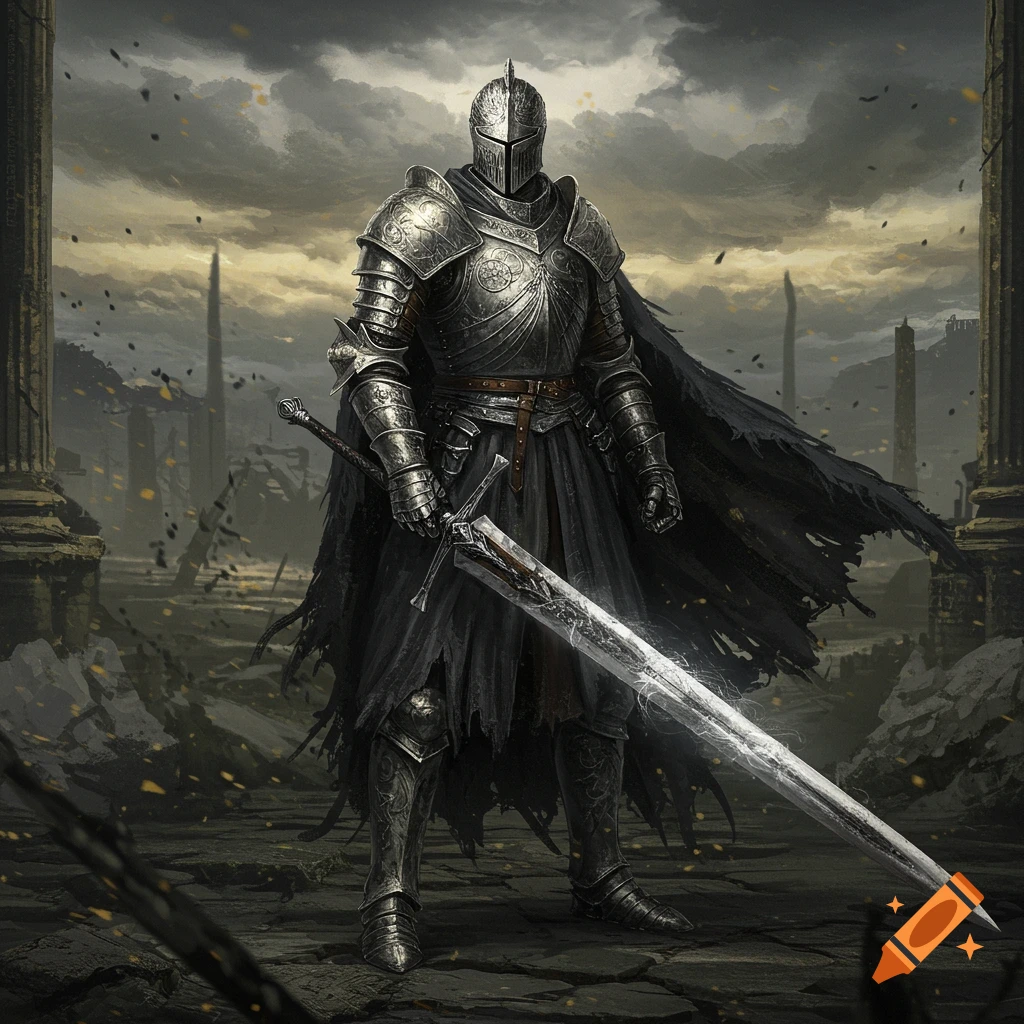 A heavily armored knight stands holding a large sword in front of crumbling ruins under a cloudy sky.