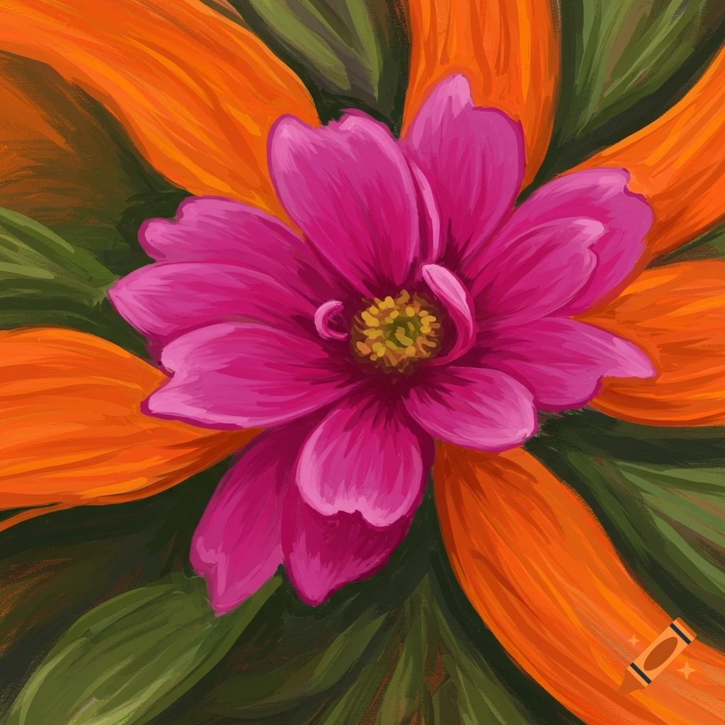 Abstract painterly close-up of a magenta flower with orange and green background elements.