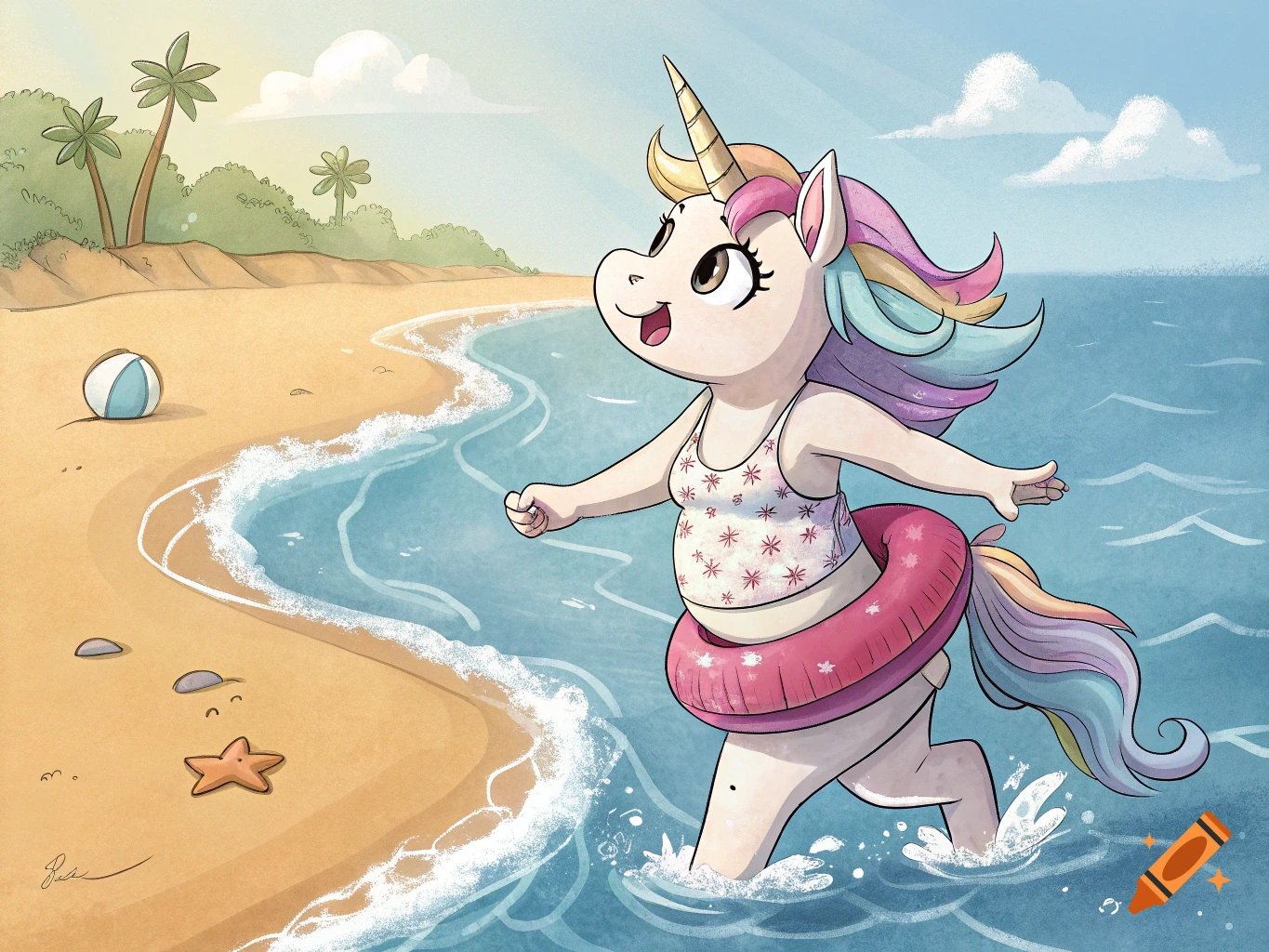 Cartoon unicorn in a swimsuit and inner tube runs in the water on a beach.