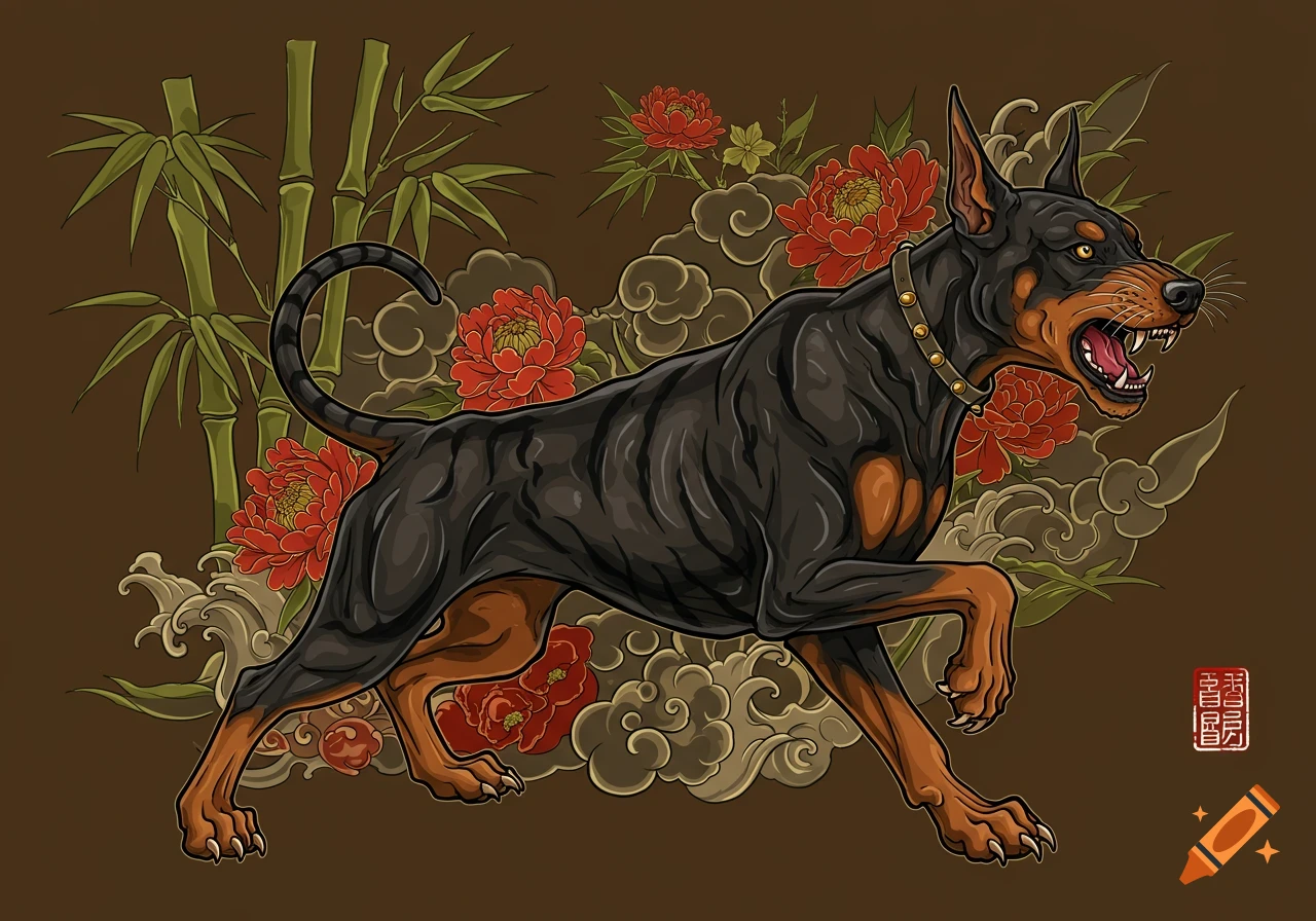 A Doberman dog in a traditional Asian tattoo style with bamboo, peonies, and clouds.