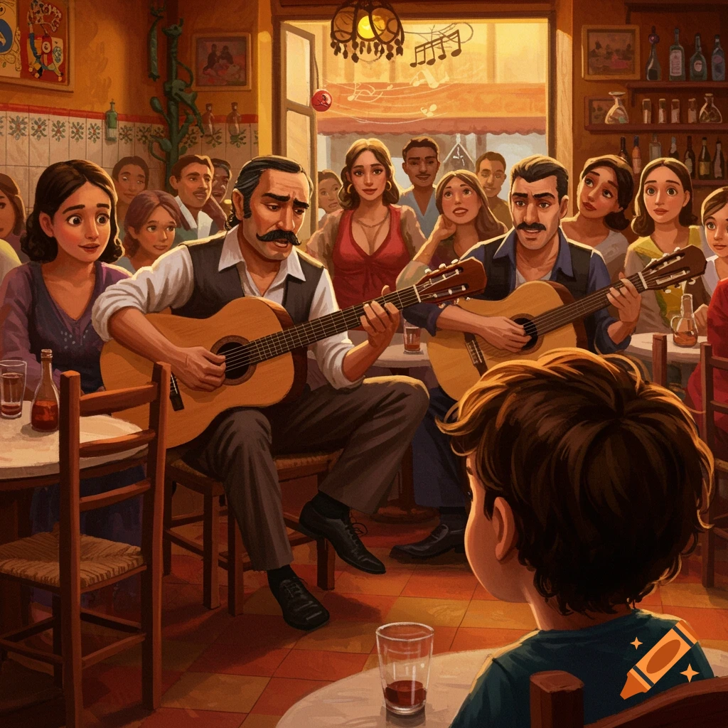 A young boy watches two guitarists perform for a seated audience in a Spanish cafe.