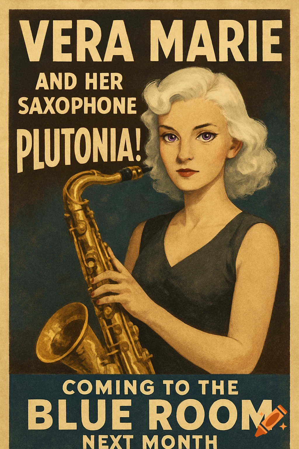 Vintage jazz poster of a woman with a saxophone.