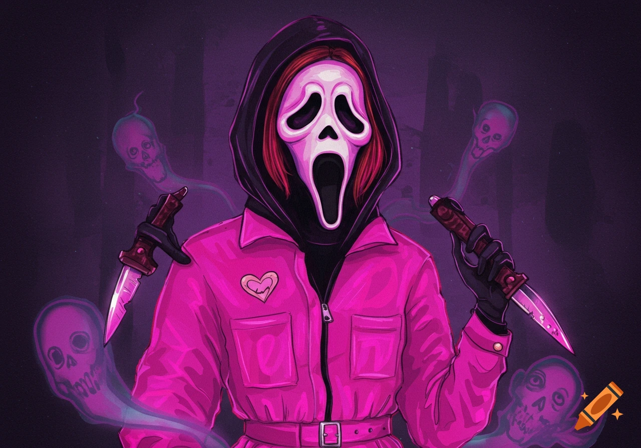Cartoon illustration of Ghostface in a hot pink jumpsuit, holding knives, surrounded by floating purple skulls.
