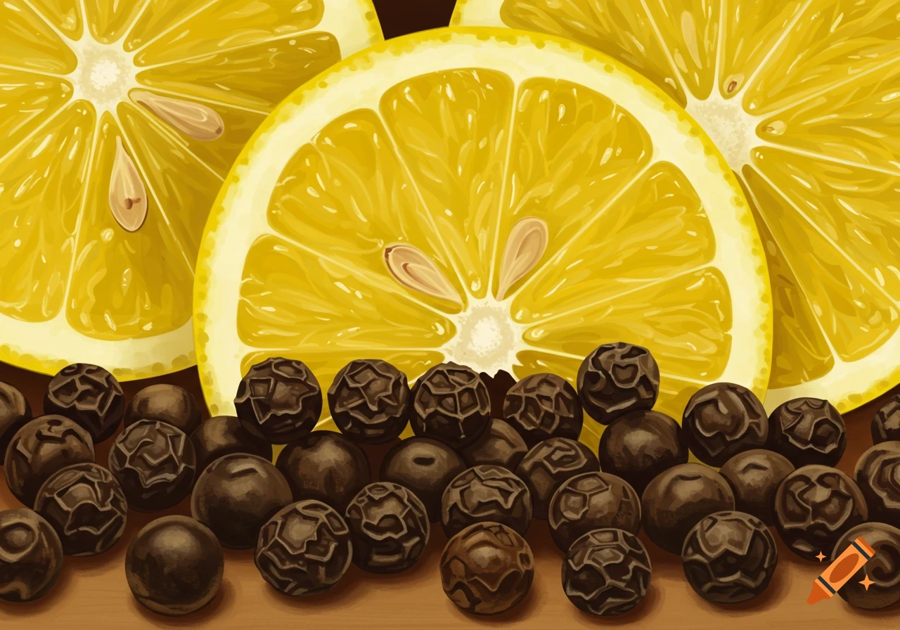 Close-up still life of yellow lemon slices and black peppercorns