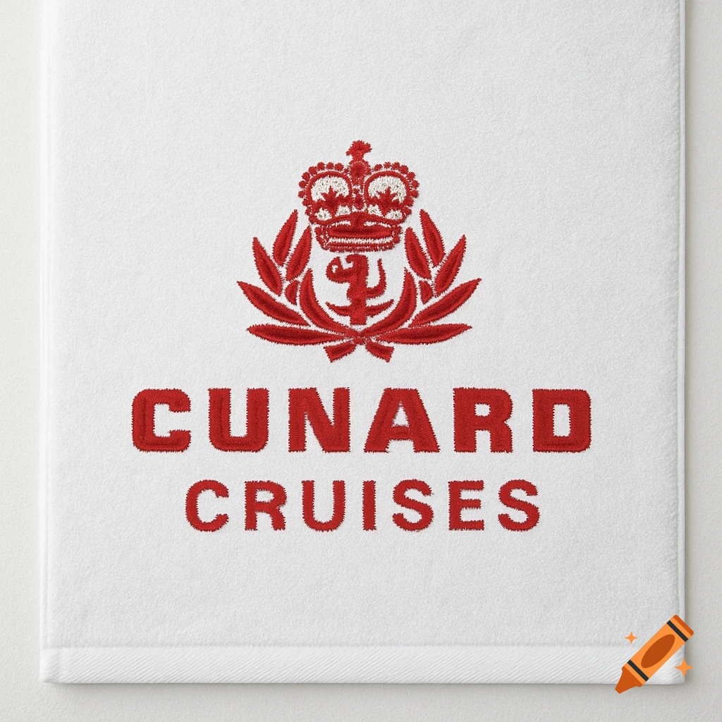 White towel with red embroidered Cunard Cruises logo and text.