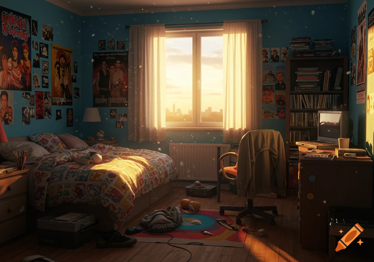 A sunlit bedroom filled with posters, books, and various items, evoking a nostalgic atmosphere.