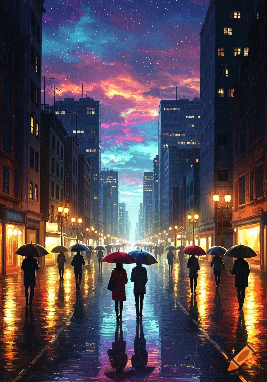 People with umbrellas walk on a rainy city street at night under a colorful sky. Anime style illustration.