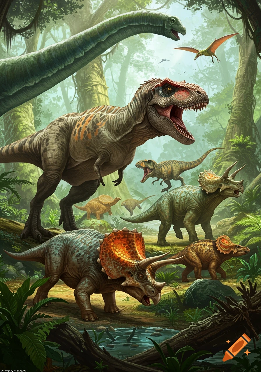 Detailed illustration of several dinosaurs including T-Rex and Triceratops in a lush jungle.