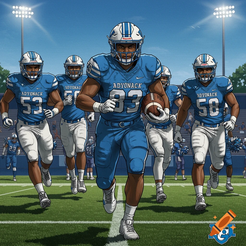 Illustrated football players running on a field