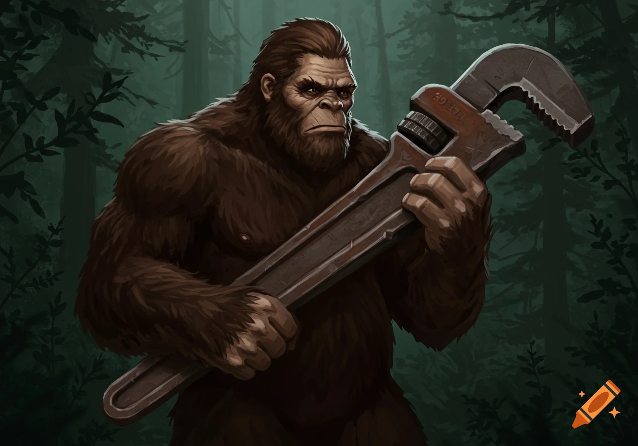 Bigfoot holds a large pipe wrench in a forest, illustration style.