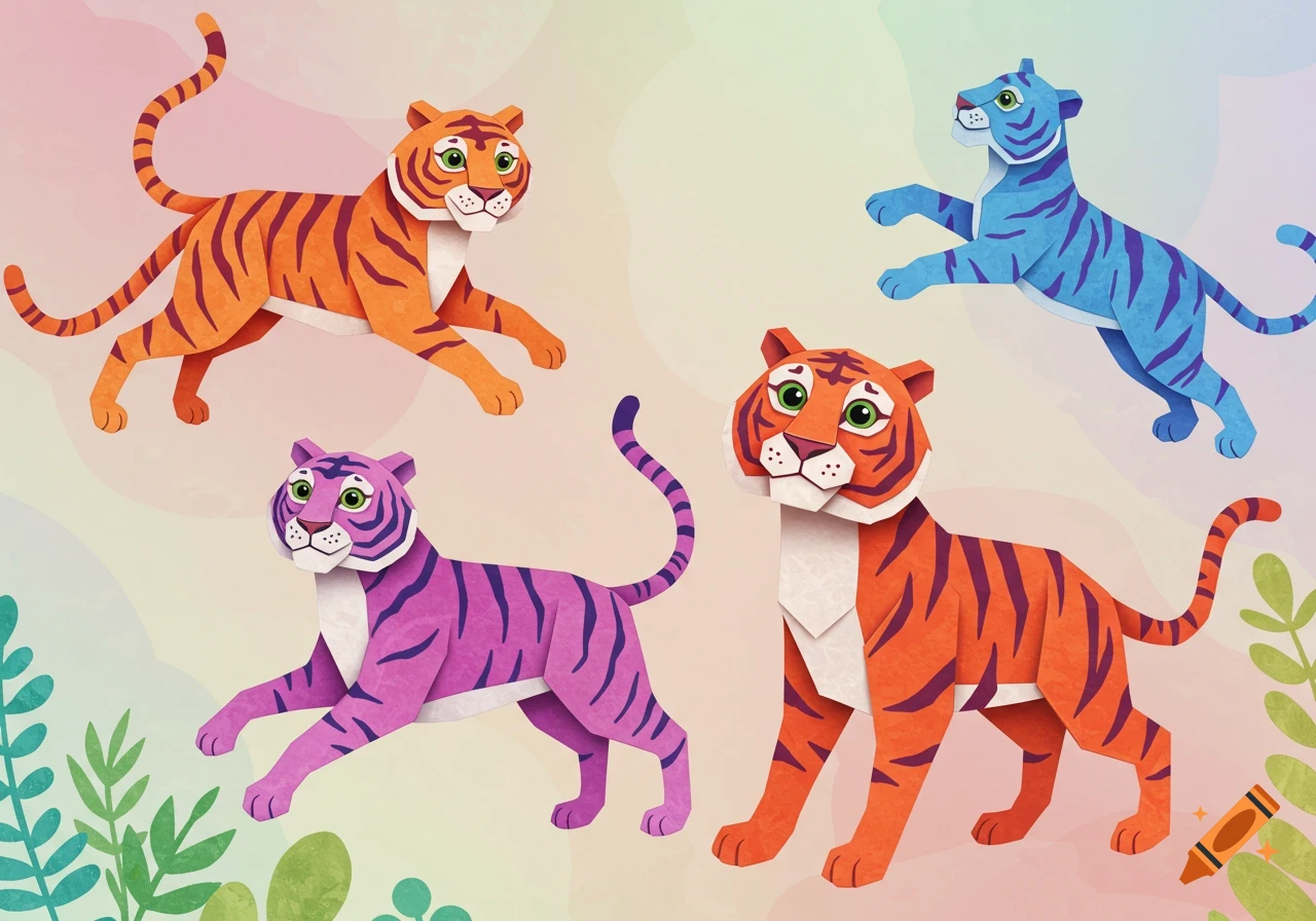 Four colorful paper craft style tigers, two orange, one blue, and one purple, on a pastel background with paper plants.