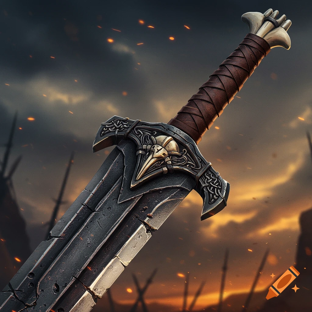 Close-up of an ornate fantasy barbarian sword against a fiery, stormy battlefield background.