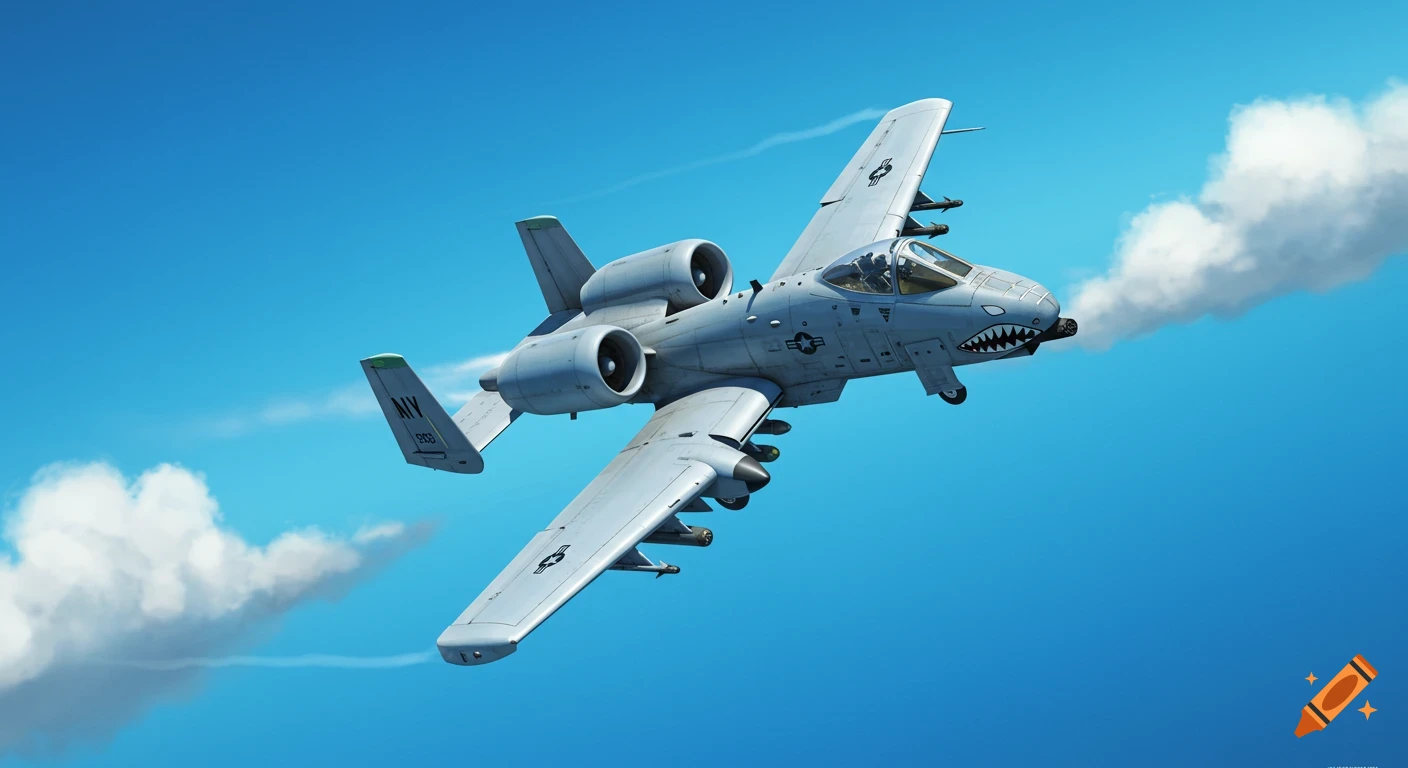 An A-10 Thunderbolt II airplane flies through a blue sky with clouds.
