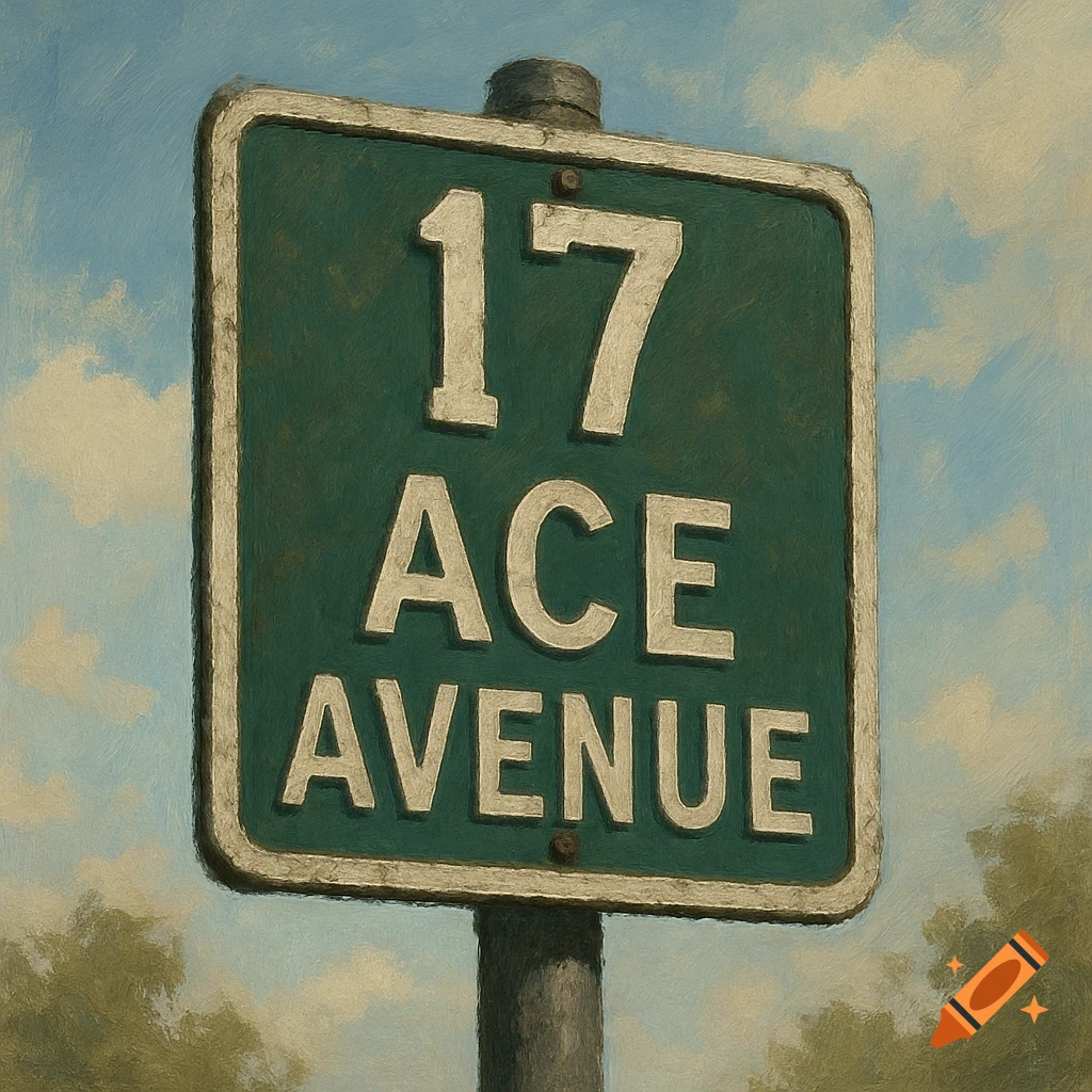 Painting of a green street sign that reads 17 ACE AVENUE.